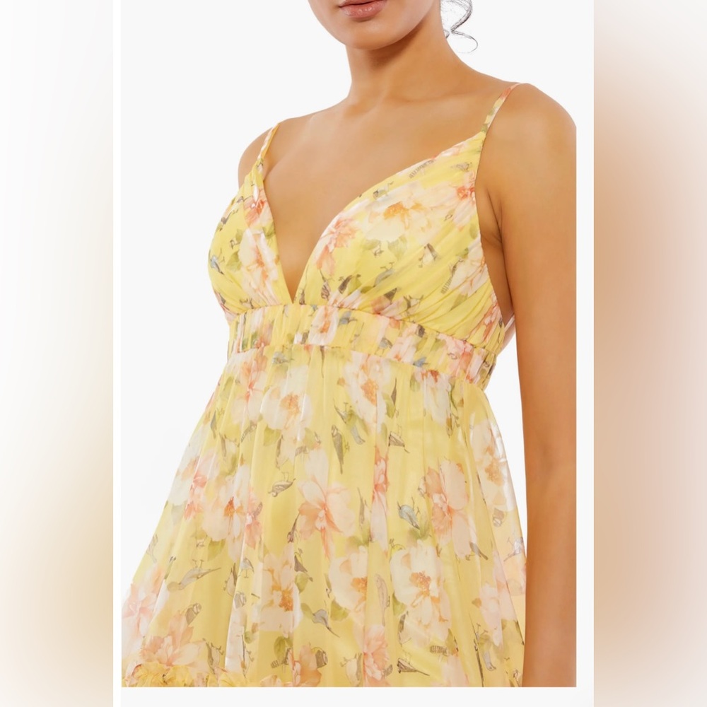 leena for Mac Duggal Yellow Floral Empire Waist Ruffled Mini Dress Size 6 - Picture 4 of 13